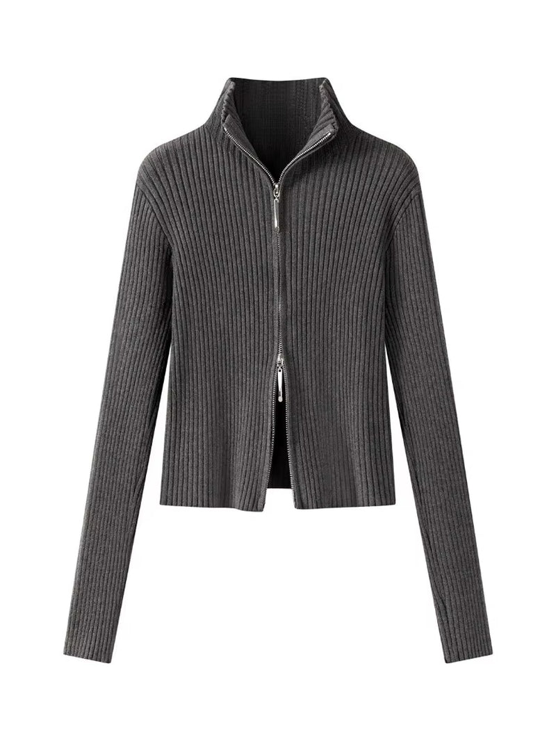 Korean Long Sleeve Outerwear 2026 Women'S Autumn Winter Knit Cardigan Versatile Office Slim Flattering Cropped Zip-Up Sweater